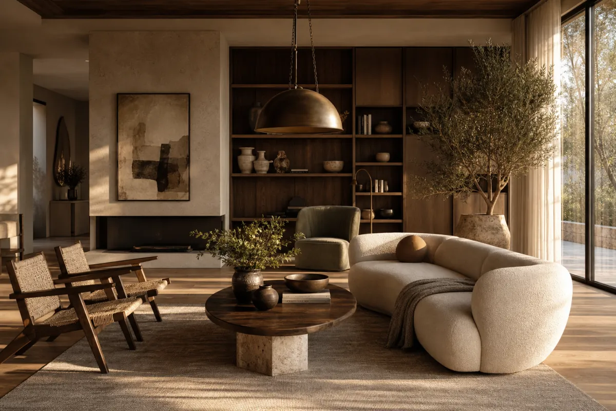 Photoreal AI living room rendering - warm modern organic style with boucle sofa, walnut shelving and travertine coffee table