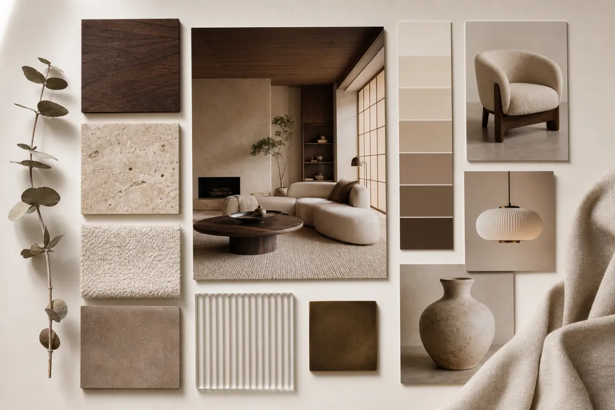 AI-generated interior design moodboard with material samples, color palette, furniture pieces and a japandi living room render