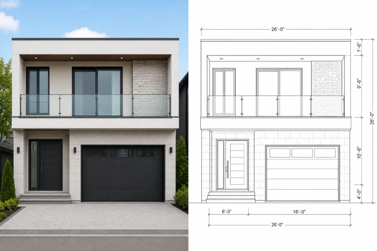 Photographing a house facade with a phone and the resulting scaled elevation drawing