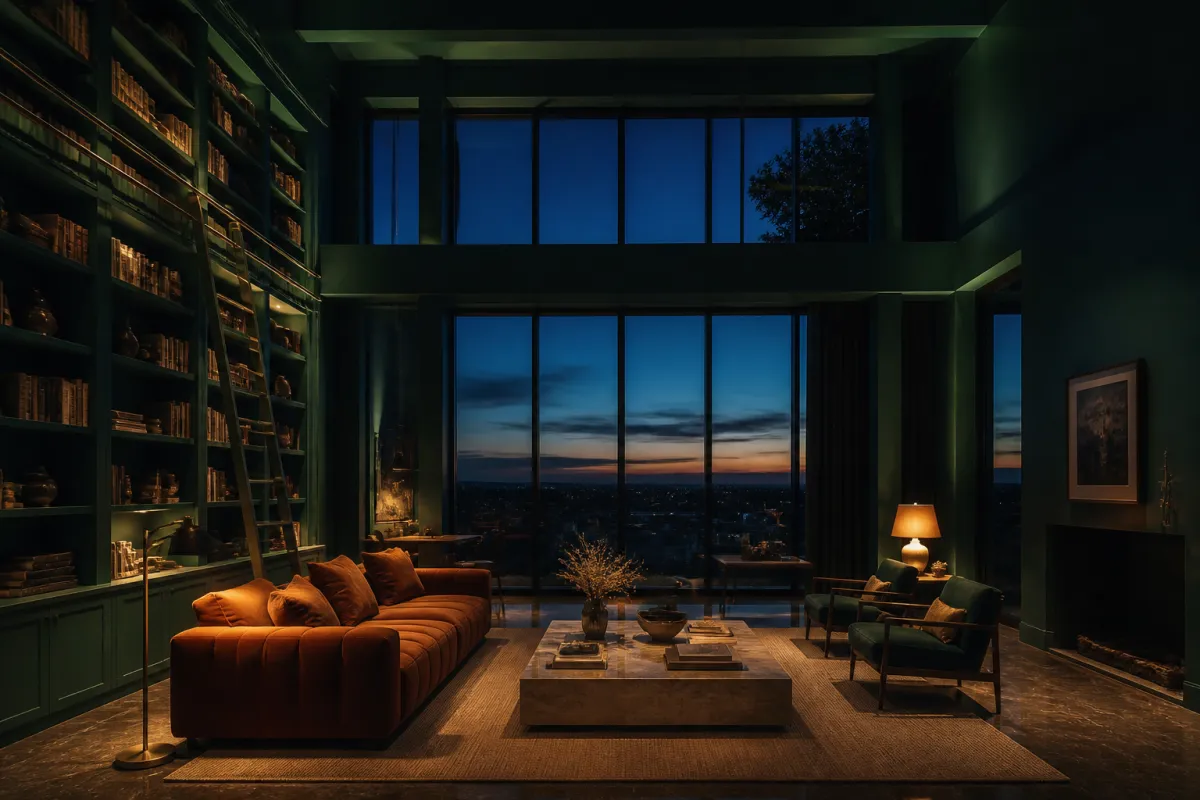 Color-drenched double-height lounge at blue hour with rust velvet sofa and brass lamps