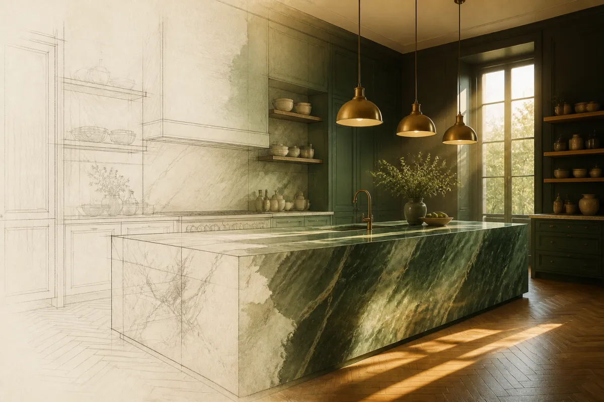 The 7 best AI interior design tools in 2026 tested and ranked - kitchen sketch turning into a photorealistic render