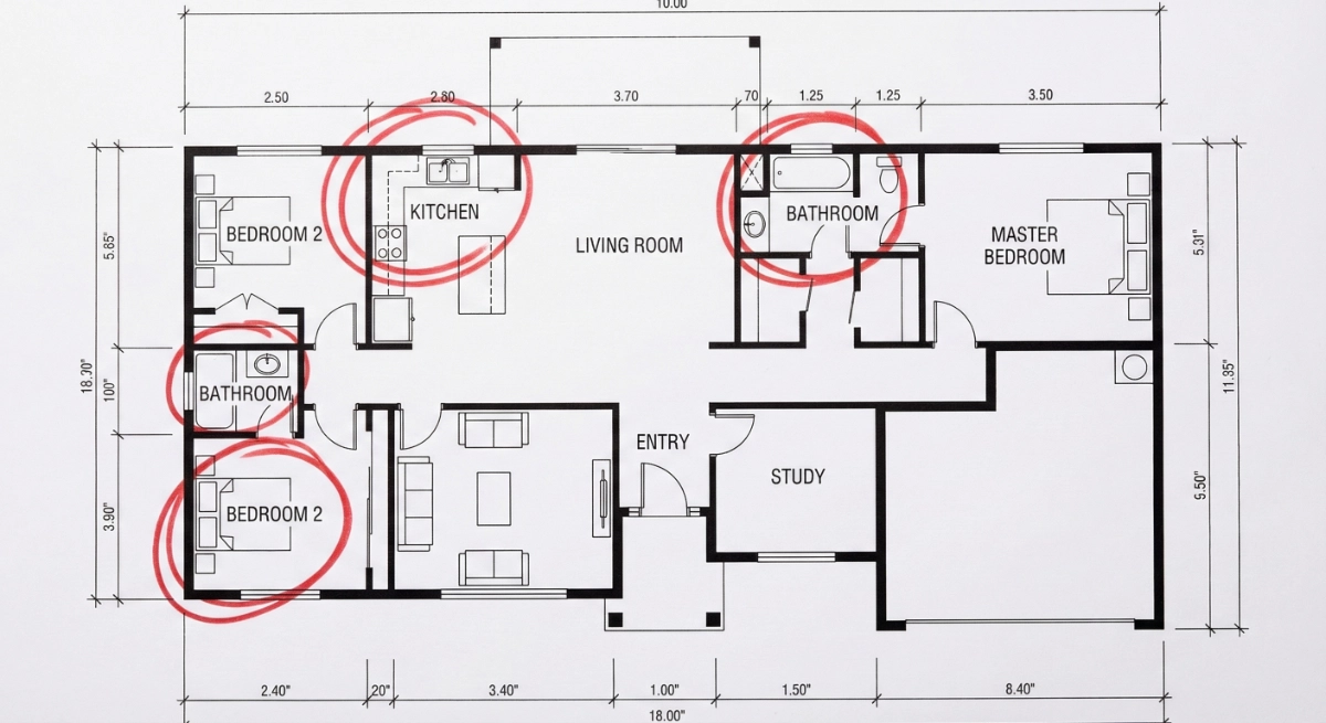 Architectural floor plan with red markings highlighting common design mistakes