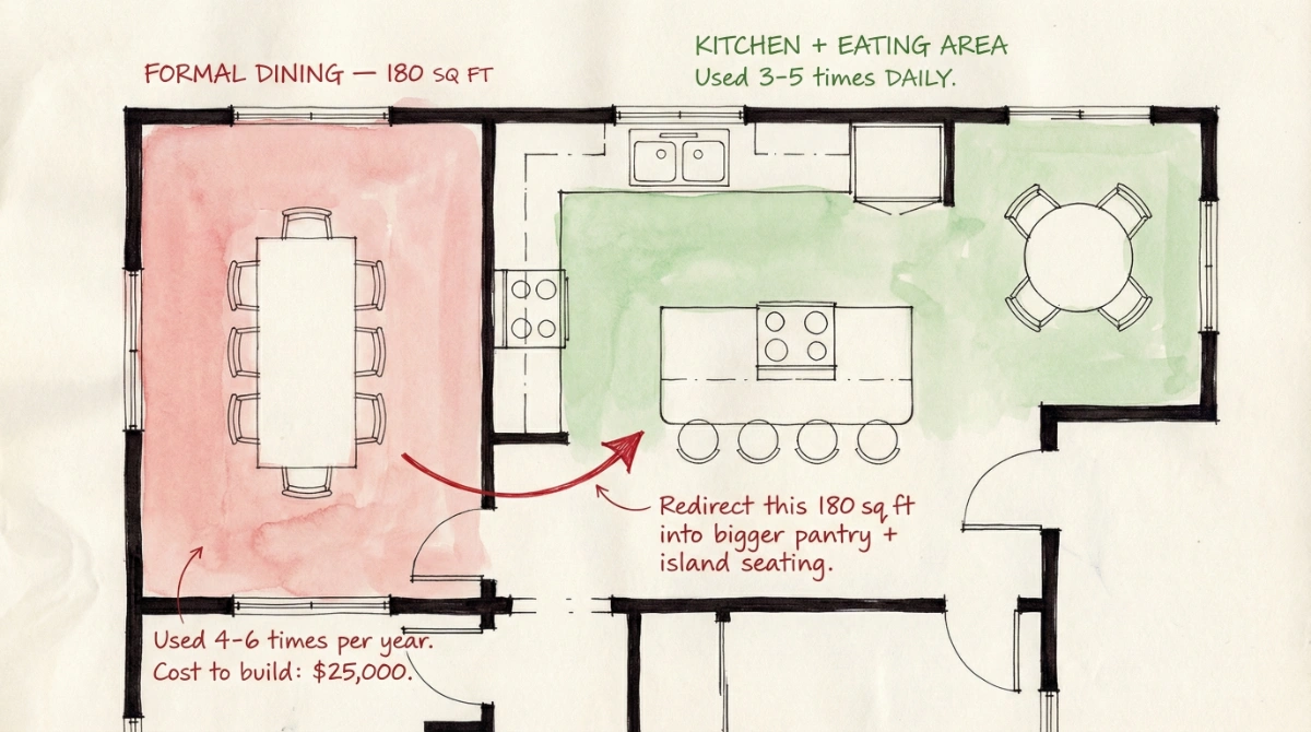 Architectural plan showing a formal dining room highlighted, with annotations showing 4-6 uses per year versus the adjacent kitchen eating area used daily