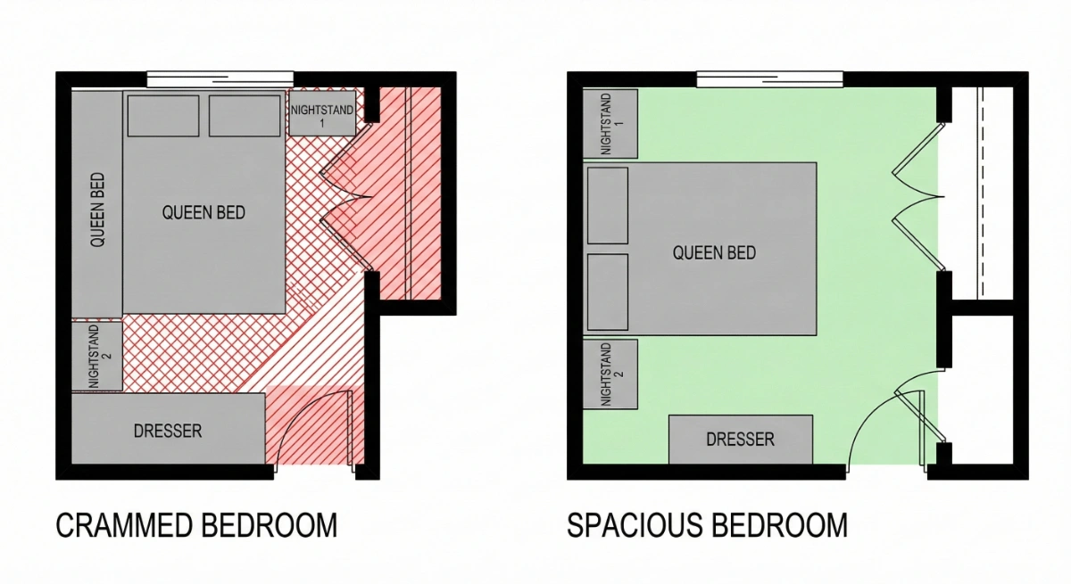 Floor plan comparison: small bedroom with furniture drawn in showing tight fit versus properly sized bedroom with comfortable furniture layout