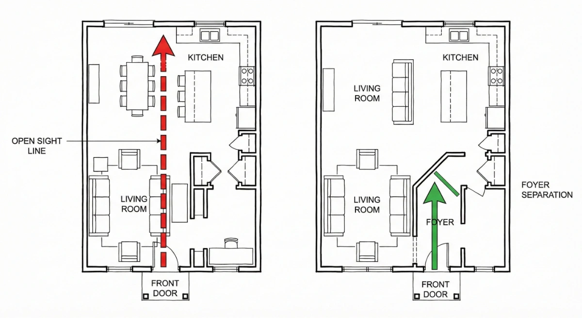 Floor plan sketch showing front door with direct sight line through living room and kitchen compared to a plan with an angled foyer