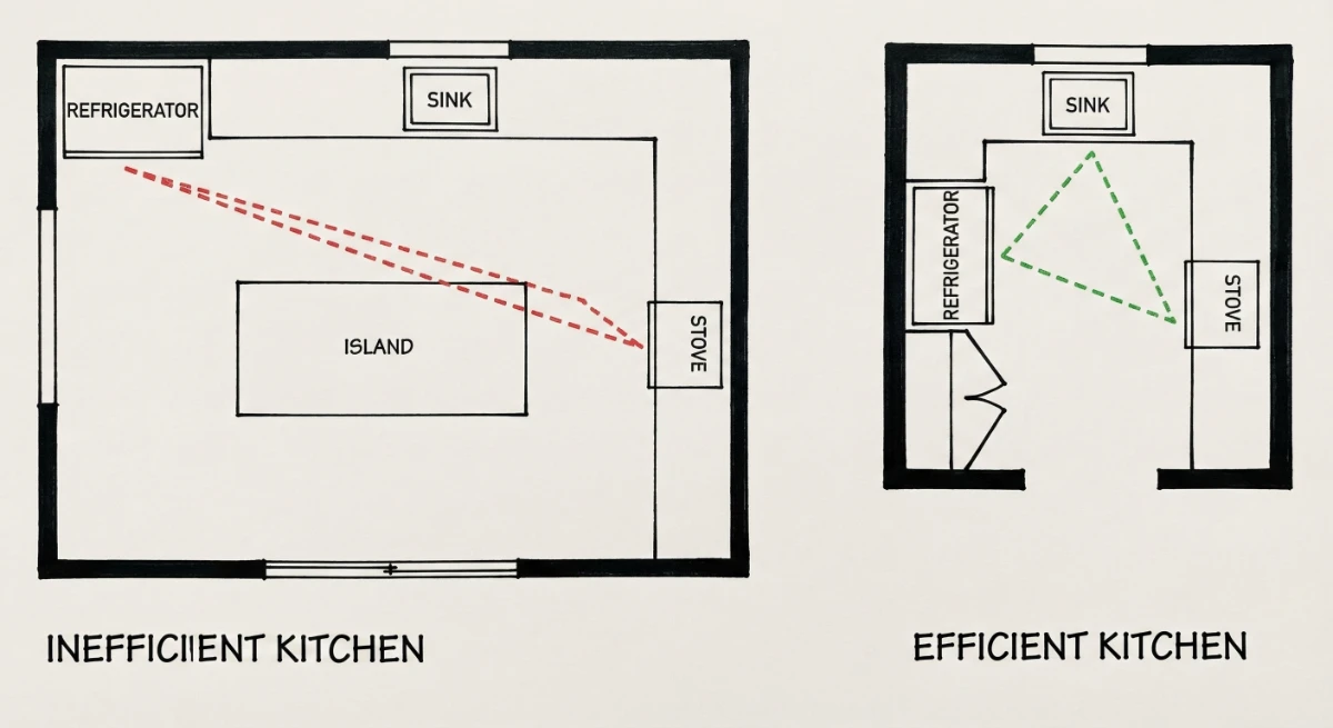 Two kitchen floor plans side by side: one with a broken work triangle showing 20+ foot path between sink and stove, another with an efficient triangle layout