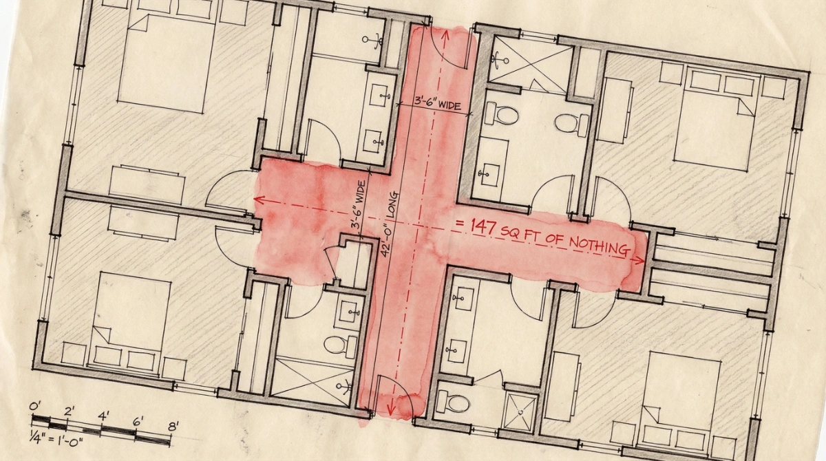 Architectural floor plan sketch showing hallways highlighted in red, consuming 8-12% of total home area