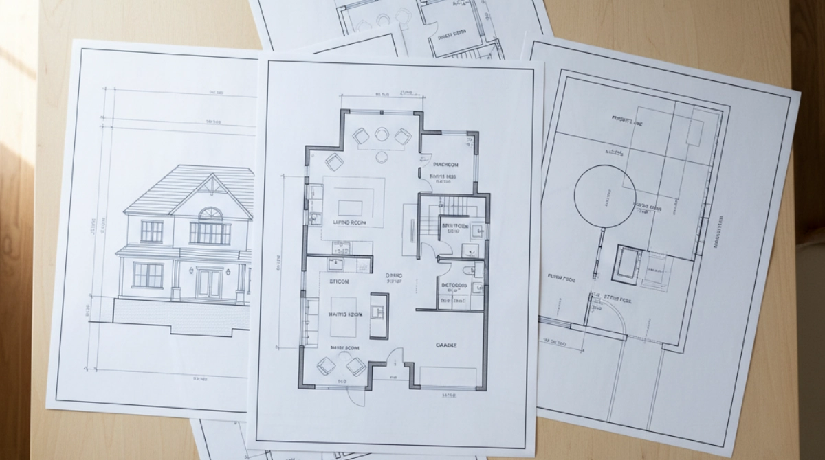 Residential home blueprint floor plan with architectural symbols and dimensions