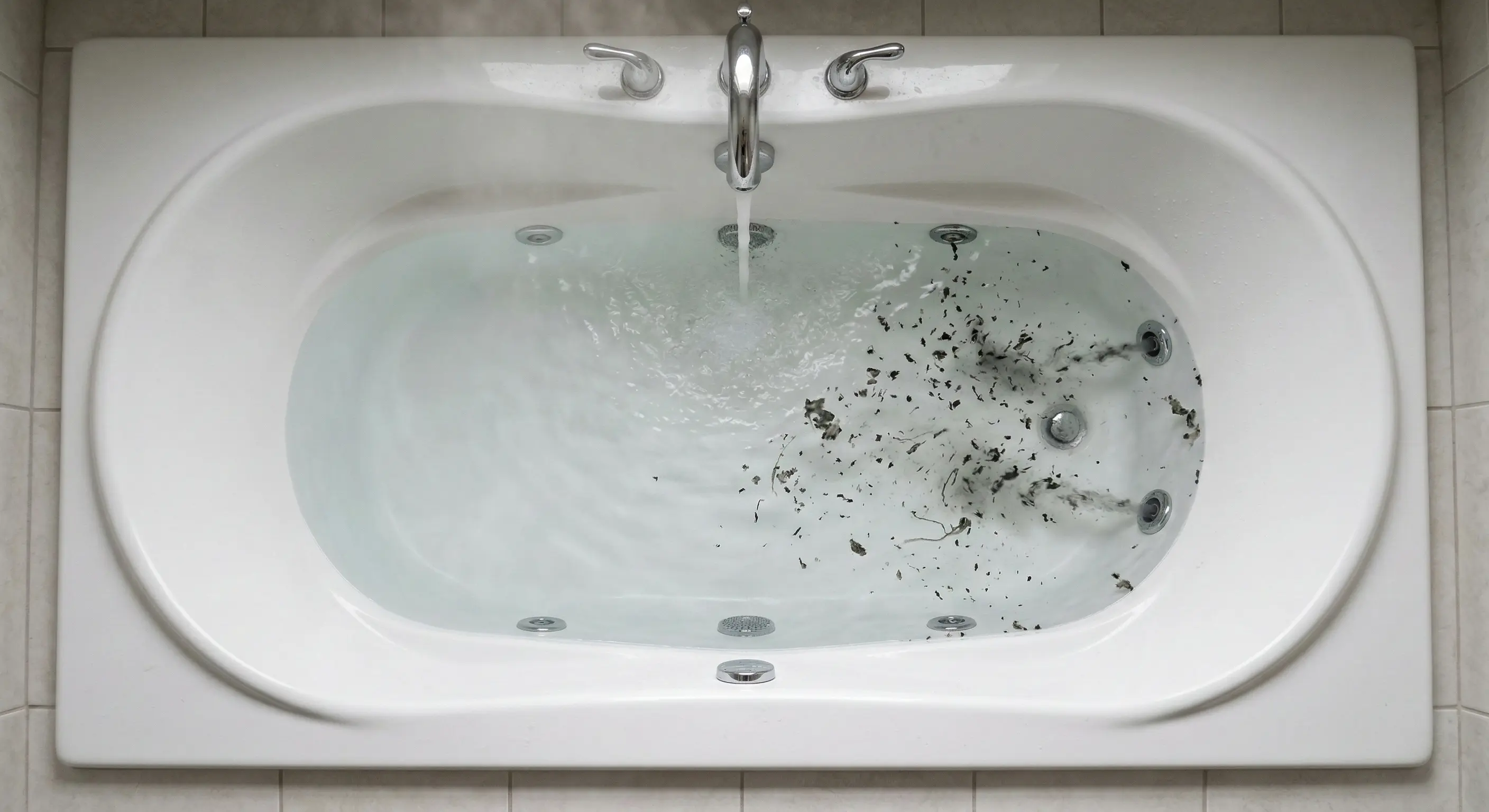 Jetted bathtub with biofilm coming out of the jets when filling with water