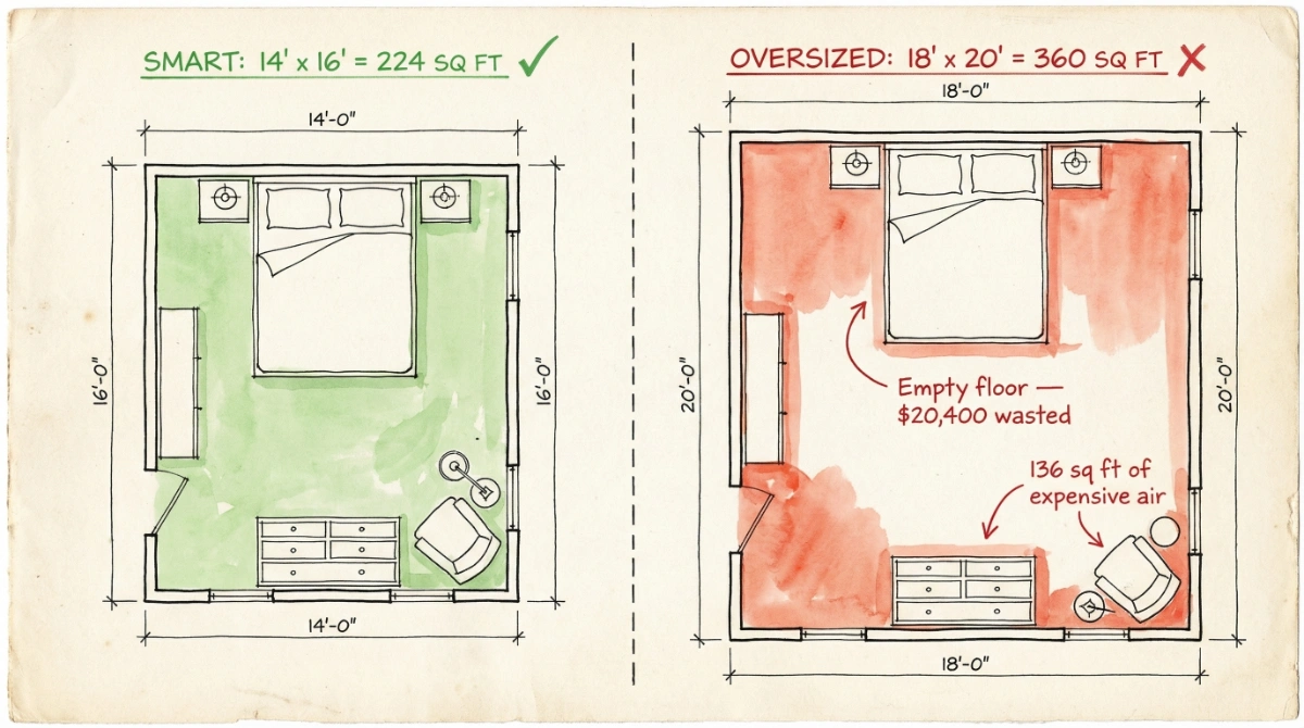Two floor plan sketches side by side comparing a 14x16 master bedroom with a bloated 18x20 master bedroom, showing the wasted empty space