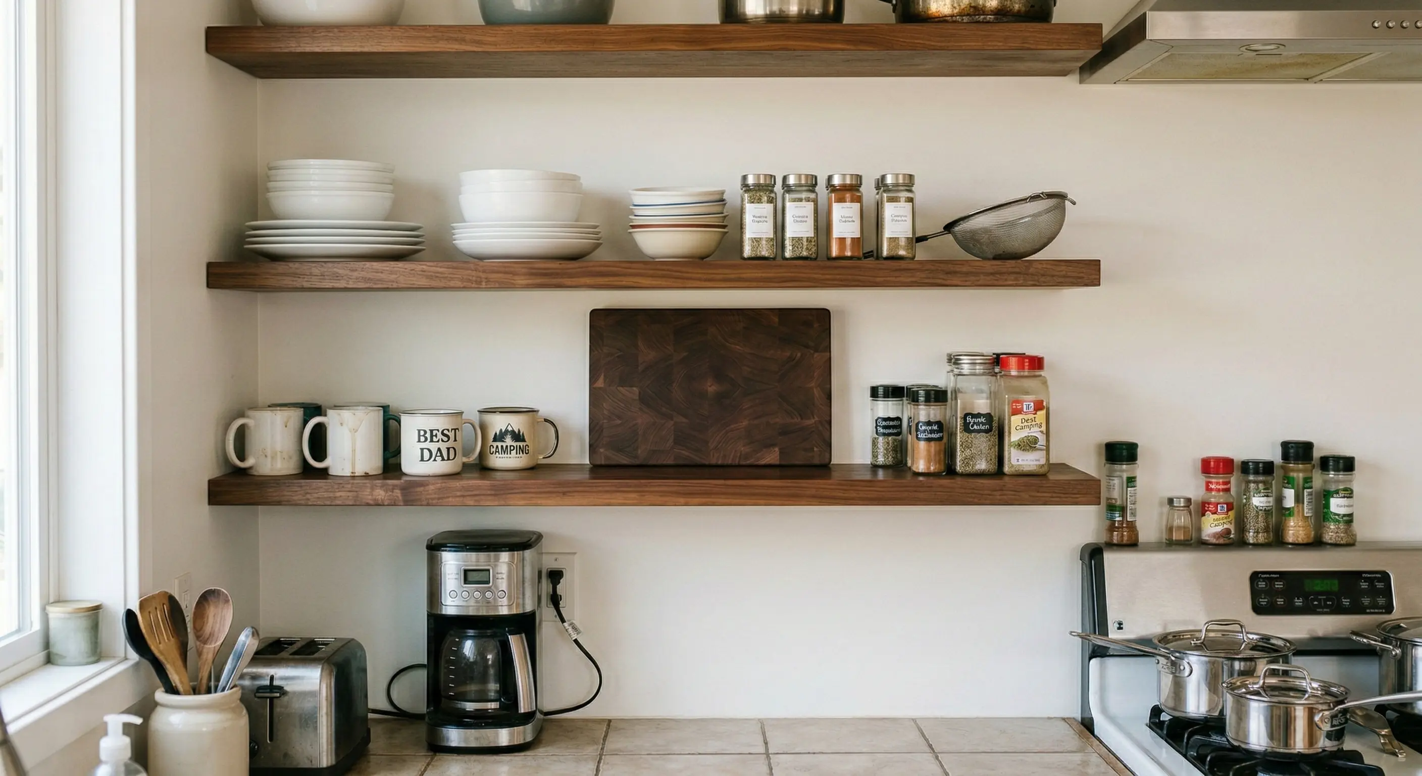 Open kitchen shelving with visible dust and grease buildup from real daily use