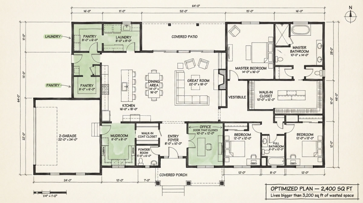 Architectural floor plan sketch showing an optimized home layout with oversized pantry, functional mudroom, and open-concept living area