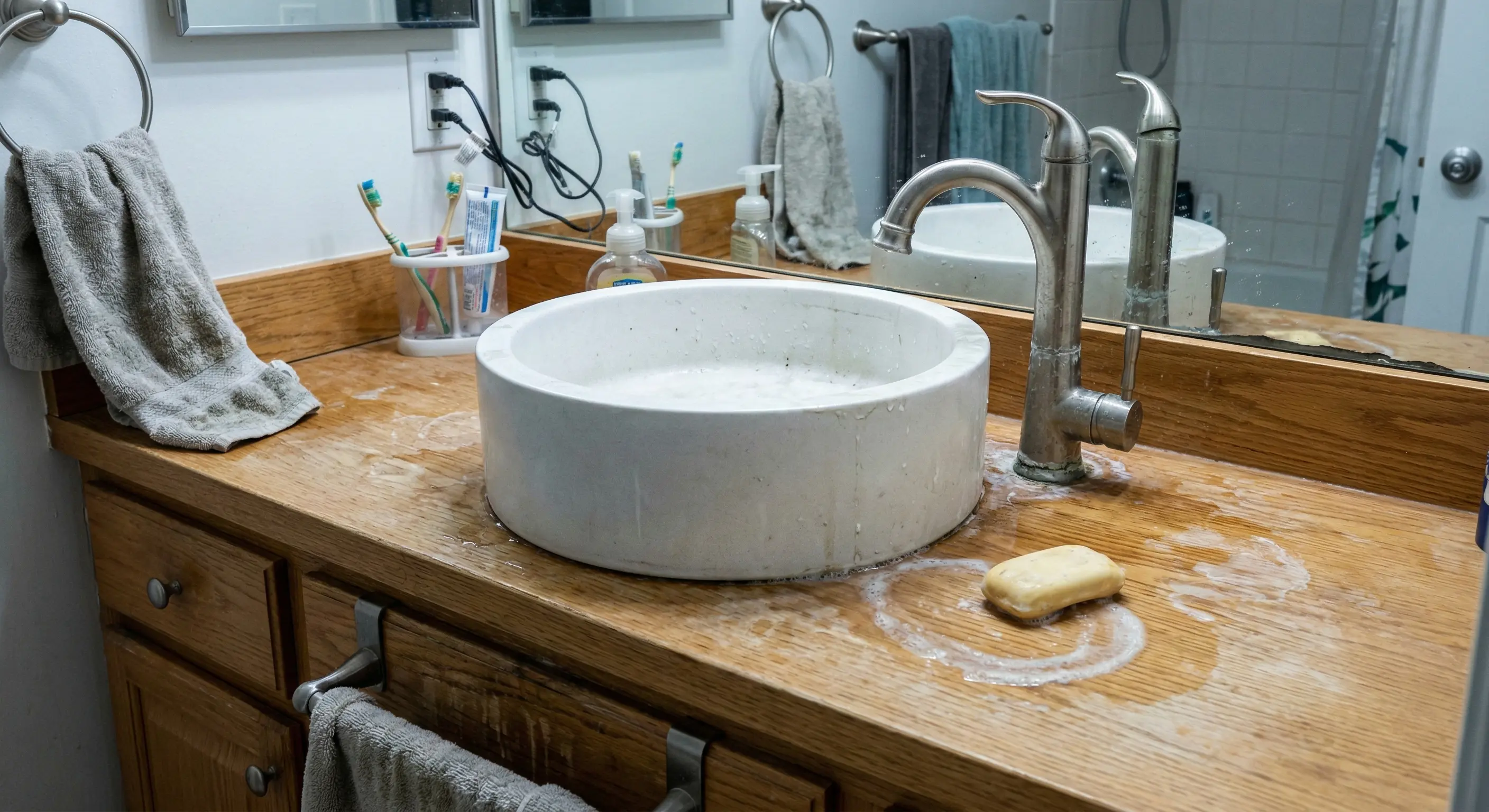 Vessel sink with water splashes showing the practical problem with elevated bowl design