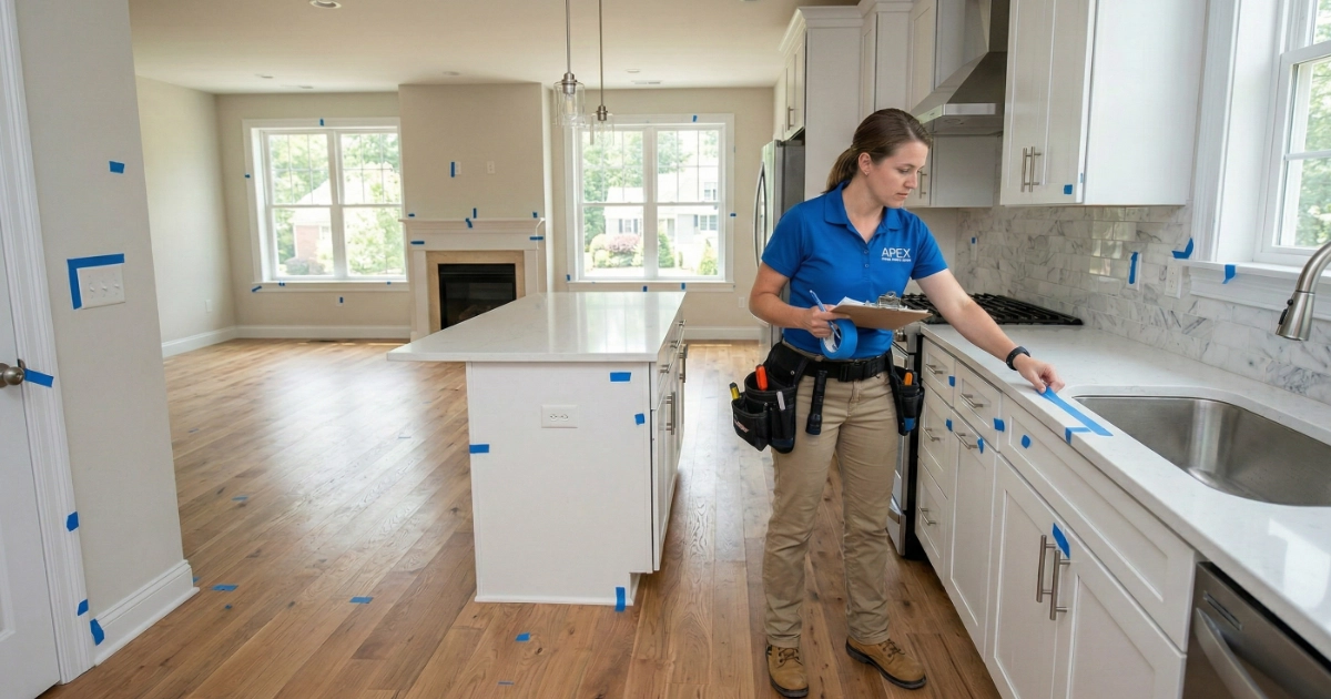 Homeowner inspecting home construction site with checklist