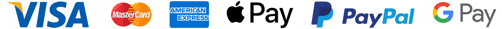 Visa, Mastercard, Amex, Apple Pay, PayPal, Google Pay